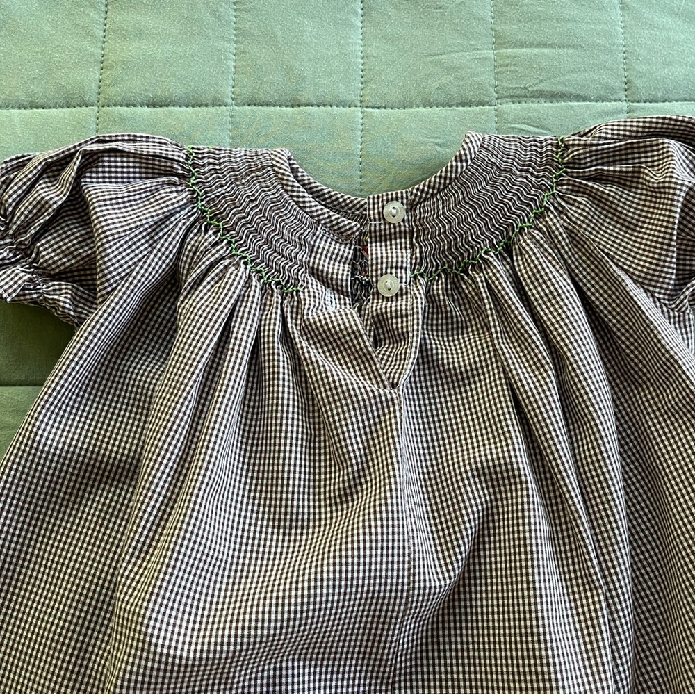 Silly Goose Smocked Cowgirls Brown White Gingham Plaid Dress Size 12 Months - Picture 12 of 16